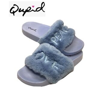 Qupid Blue Faux Fur Peace Love Open Toe Slides